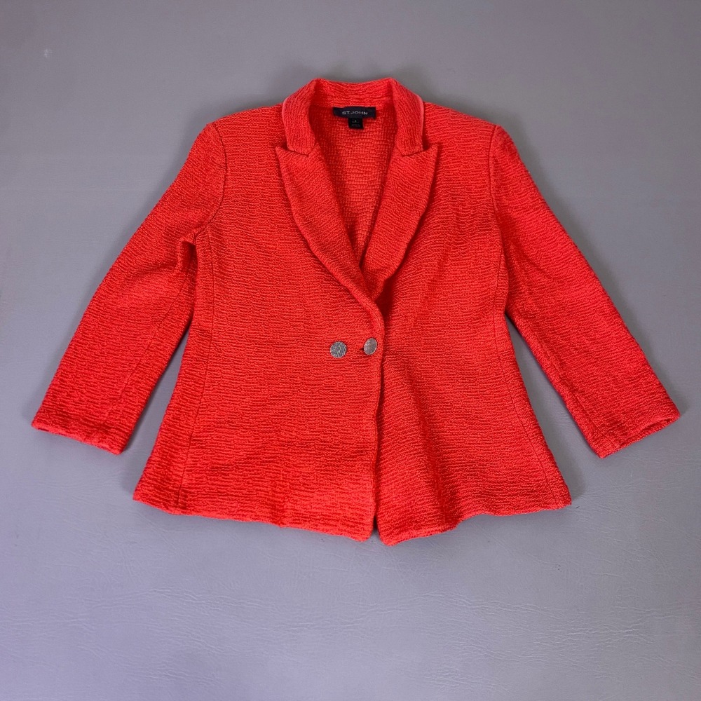 St. John Jacket Size 2 Red Wool Blend Textured Knit Blazer Two Button Notched